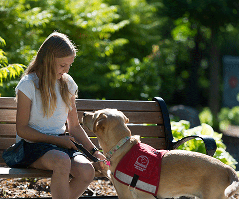 Jeune fille avec son chien guide d'alerte diabétique