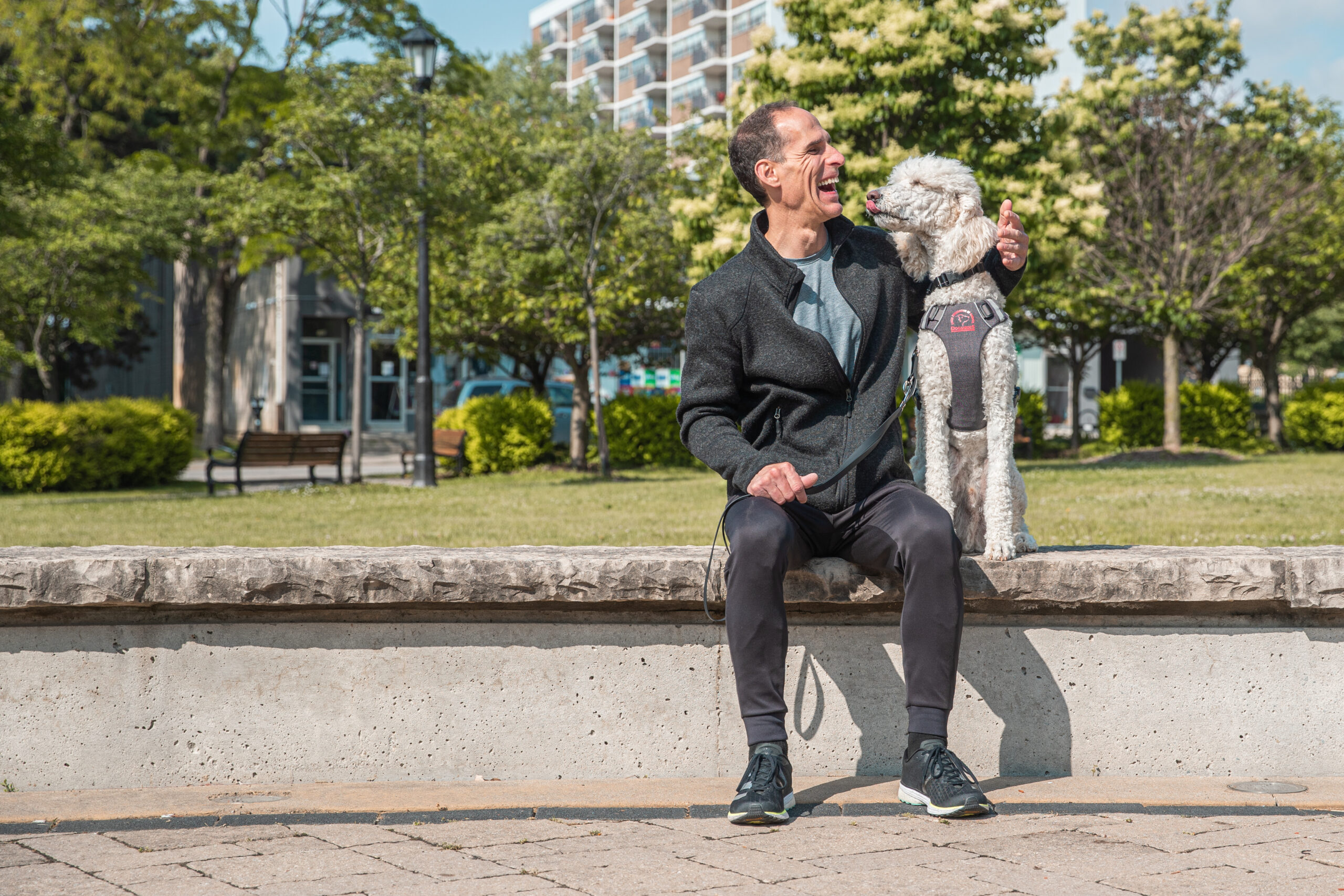 A man who is blind laughs as his Guide Dog kisses him